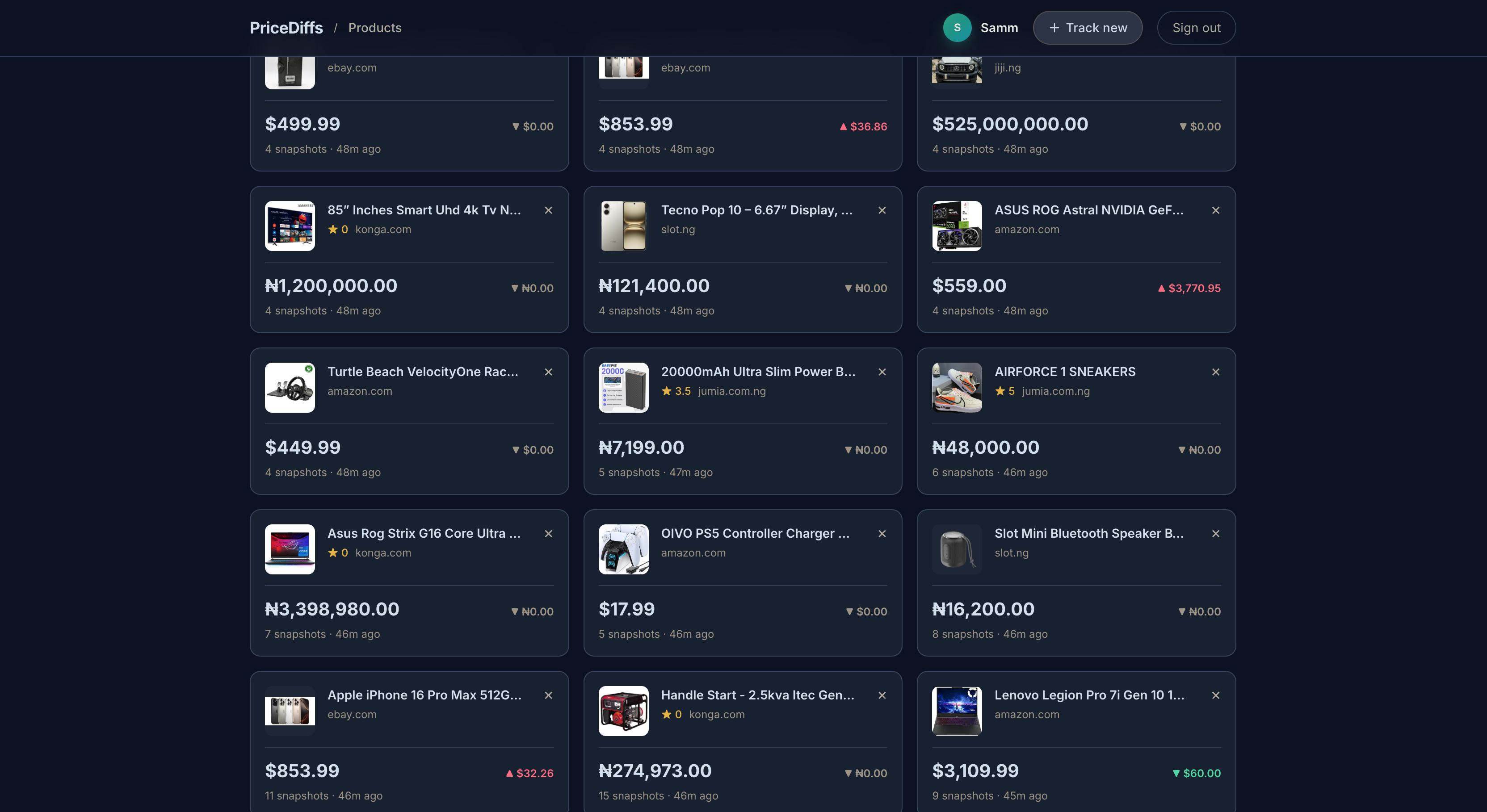 PriceDiffs — e-commerce price tracking dashboard